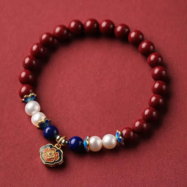 Cinnabar Lapis Lazuli Lock Charm Bracelet