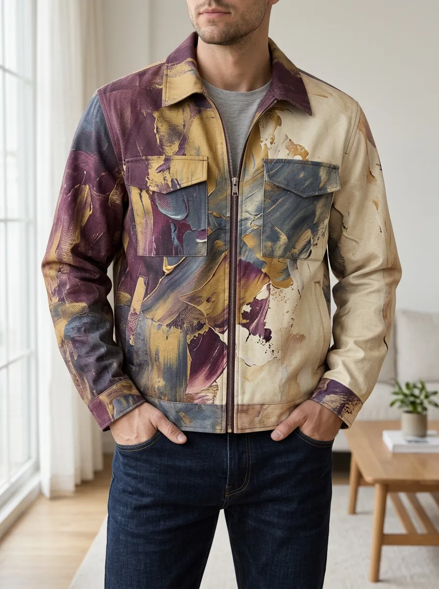 Men's Abstract Oil Painting Print Zip-up Jacket