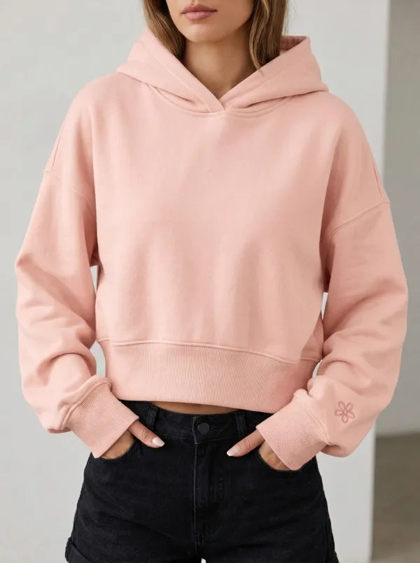 Women's Minimalist Flower Embroidered Solid Beige Cropped Hoodie