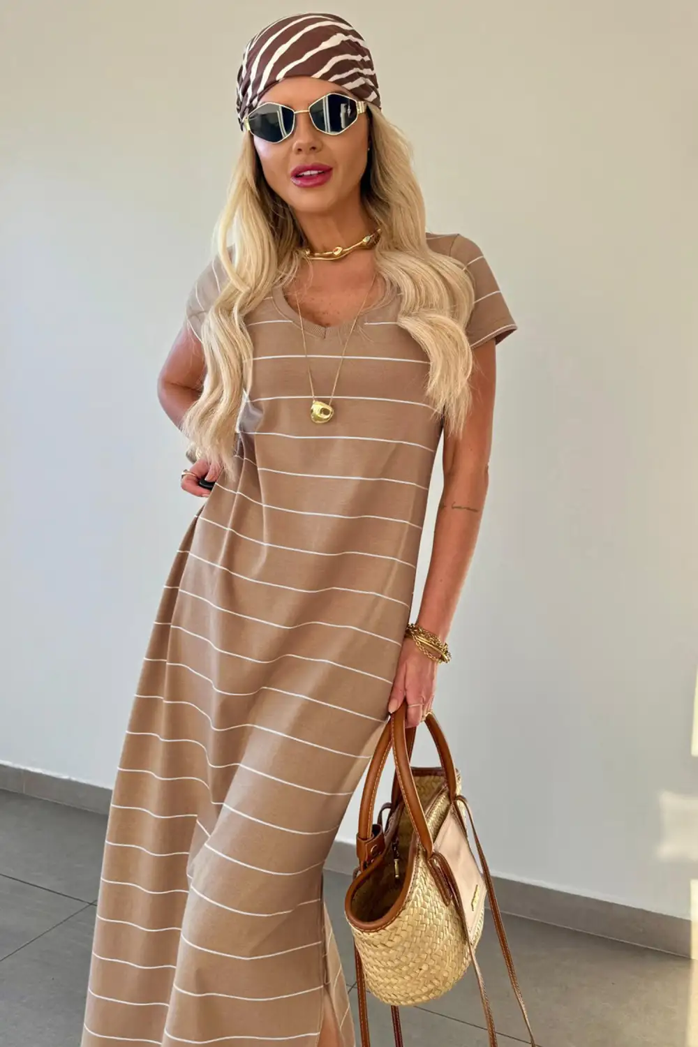 Gathered Detail Striped Slit Short Sleeve Maxi Dress