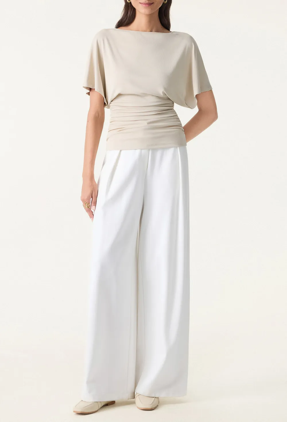 Boatneck Batwing Sleeve Side Ruched Top