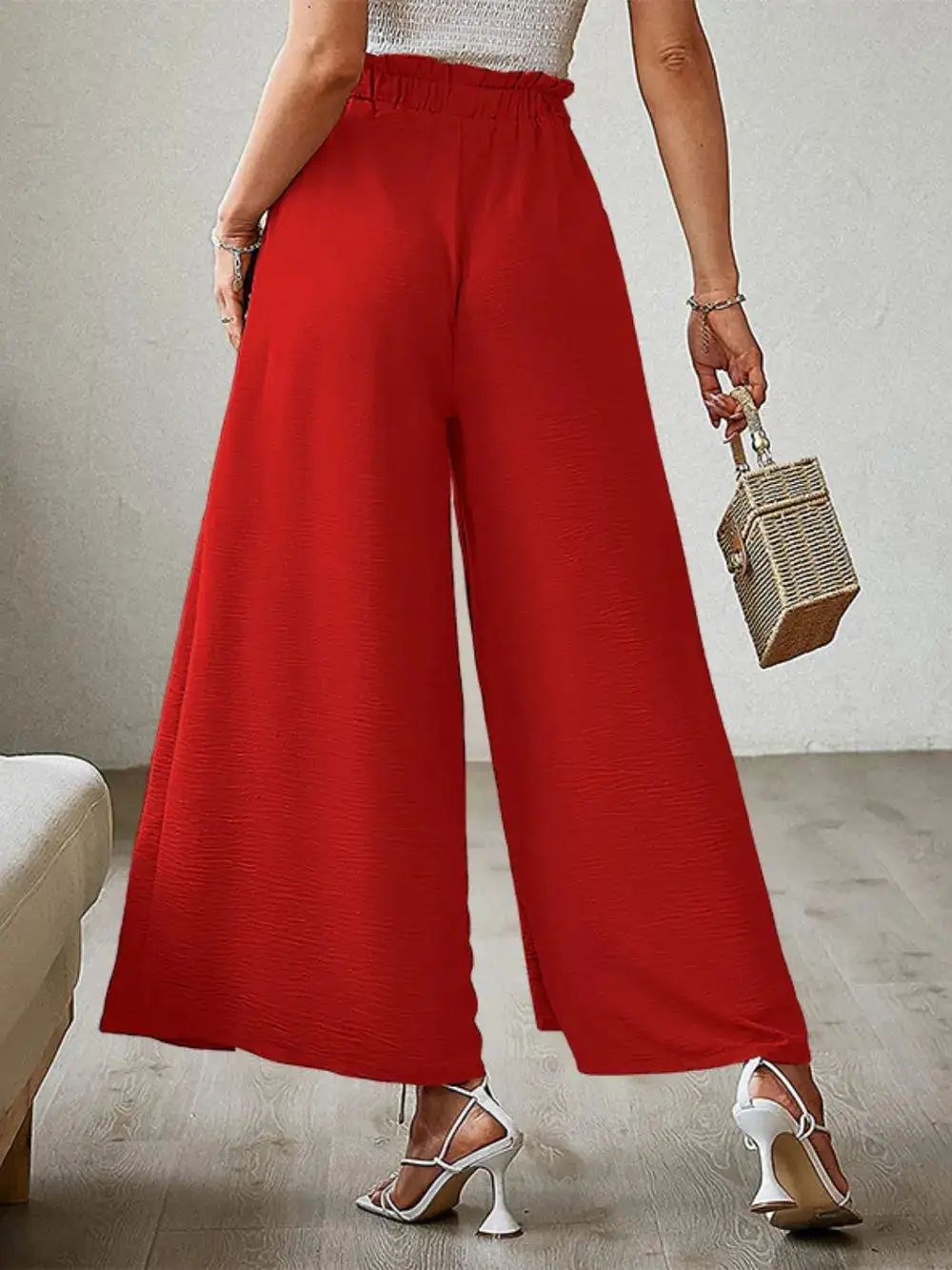 Wide Leg Tie Waist Slit Detail Casual Pants