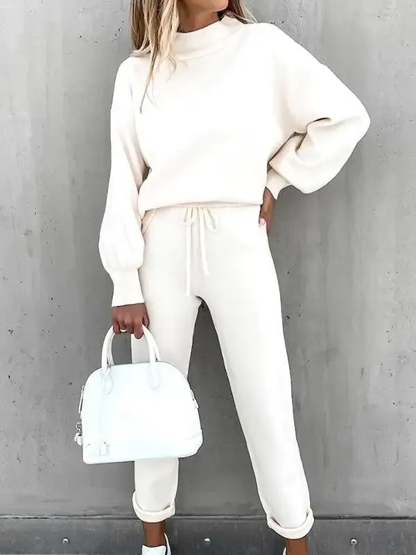 High Collar Casual Solid Color Trousers Two Piece Set
