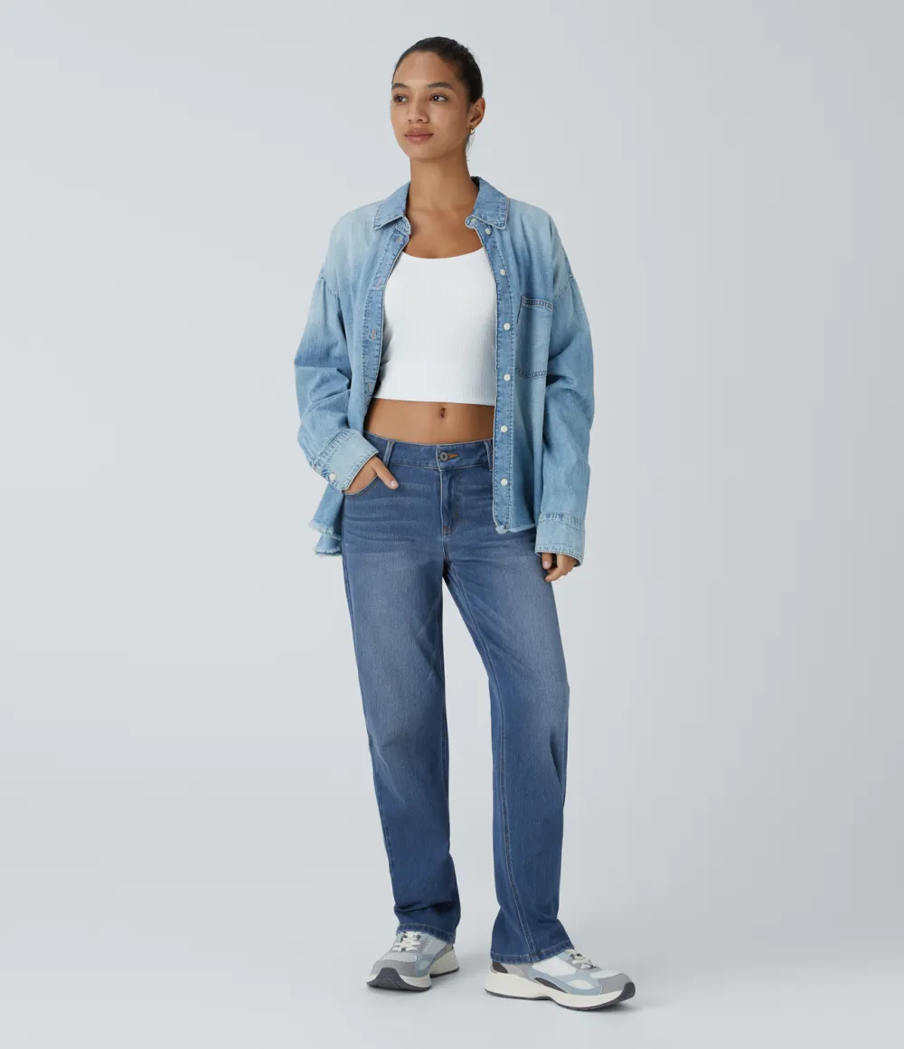 Magic Low Rise Button Zipper Multiple Pockets Straight Leg Washed Stretchy Knit Casual Jeans