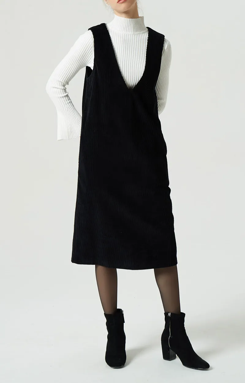 Corduroy V Neck Sleeveless Midi Dress
