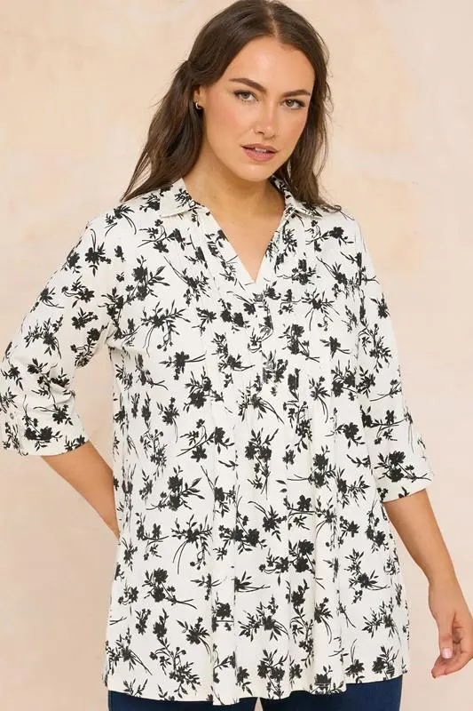 White Floral Premium Pintuck Henley Top