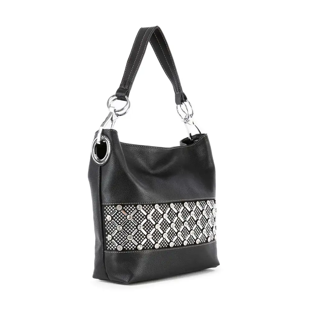 Streamlined Detail Crystal Accent Pocketed Faux Leather Hobo Shoulder Bag