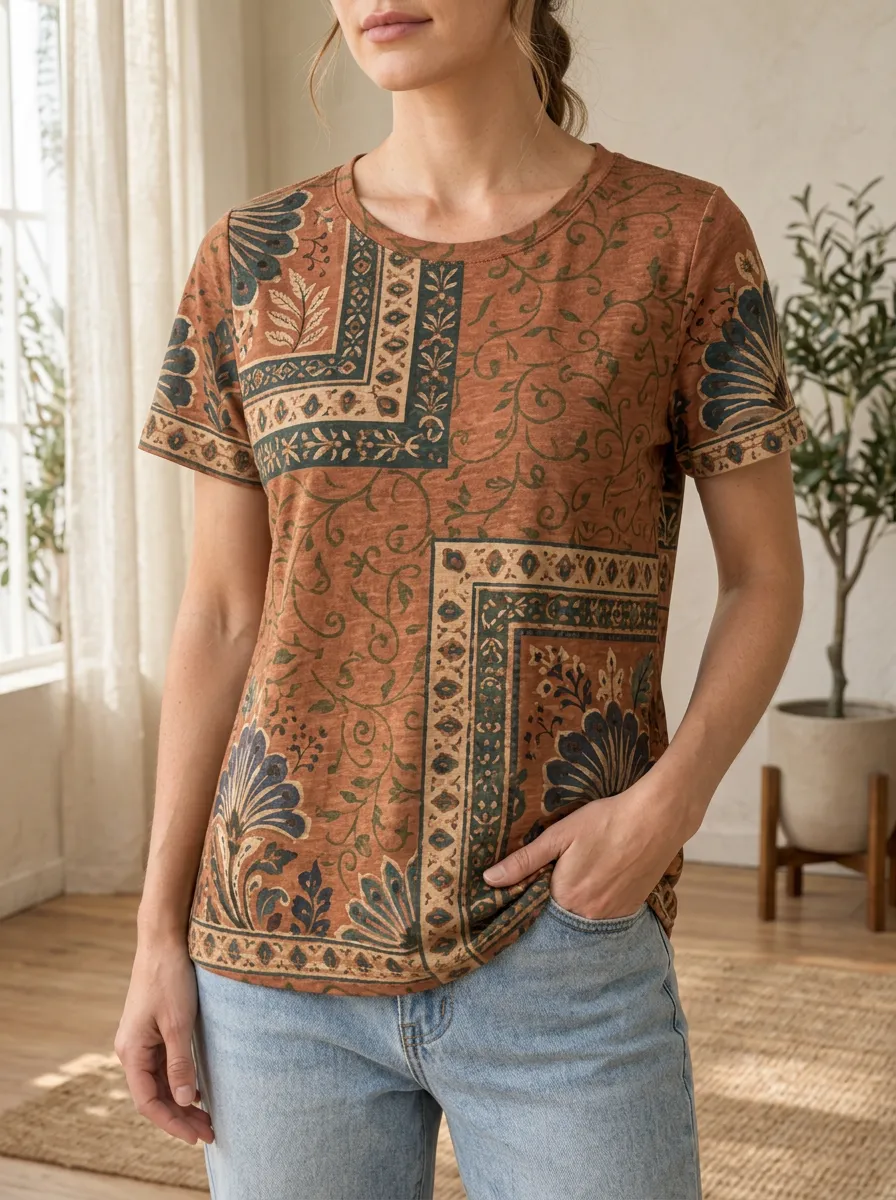 Women's Garden Bohemian Floral Paisley Crew Neck T-Shirt