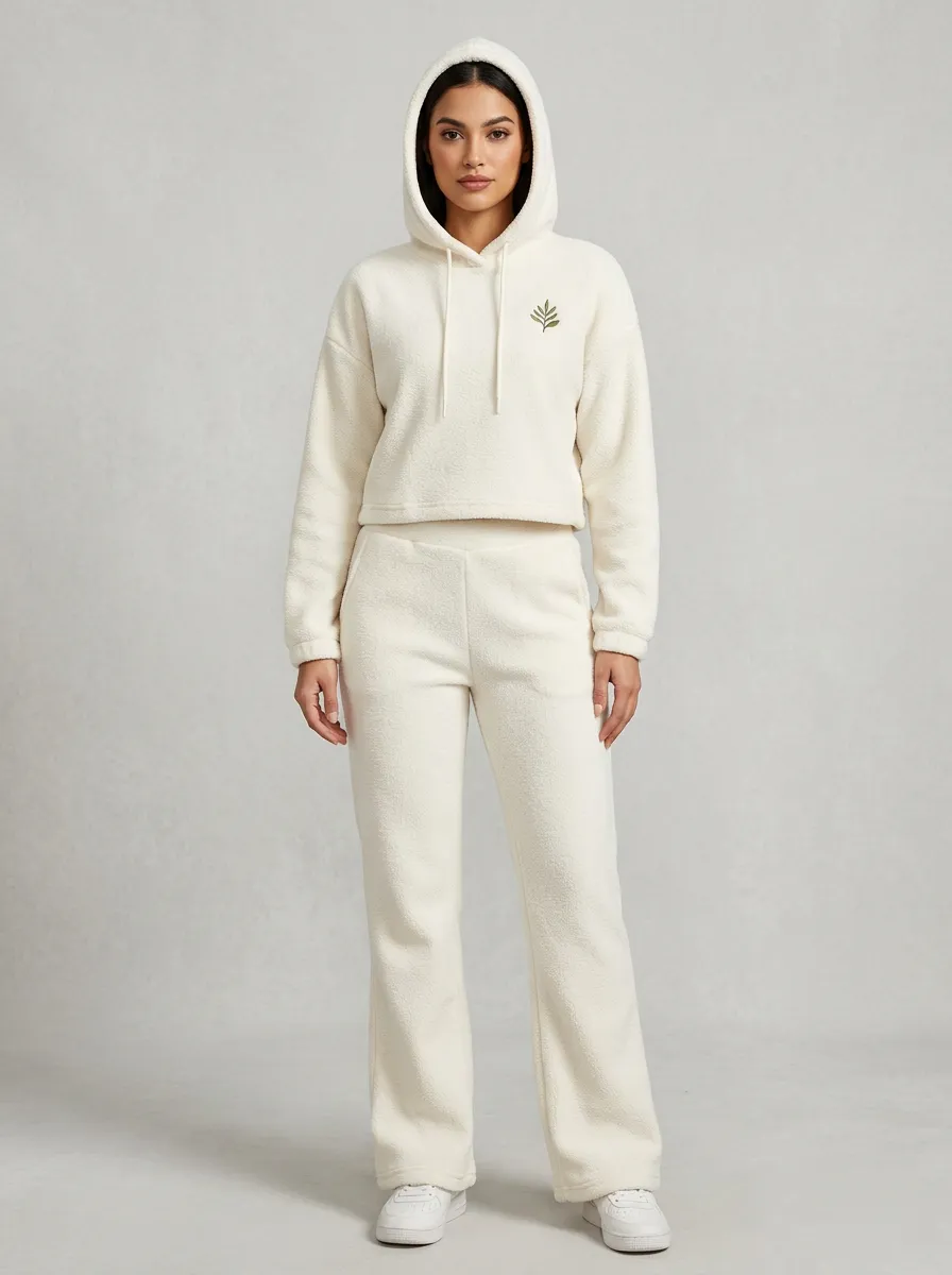 Women's Leaf Embroidered Cropped Hoodie Warm Lounge Set