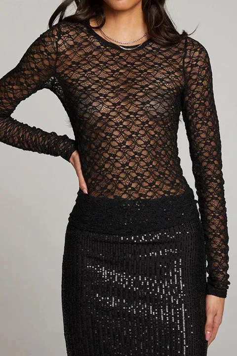Women's Black Sheer Lace Long Sleeve Top