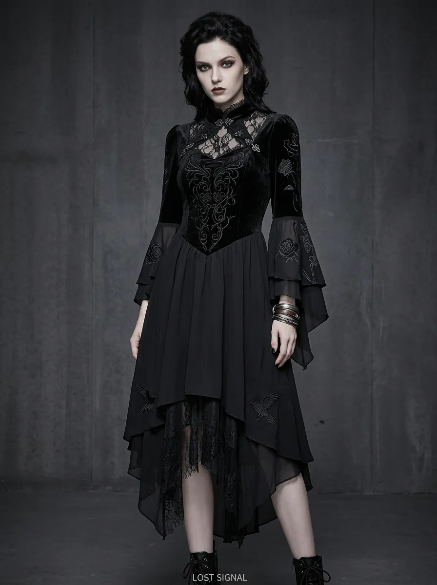 Women's Gothic Rose and Raven Embroidered Velvet Printed Top