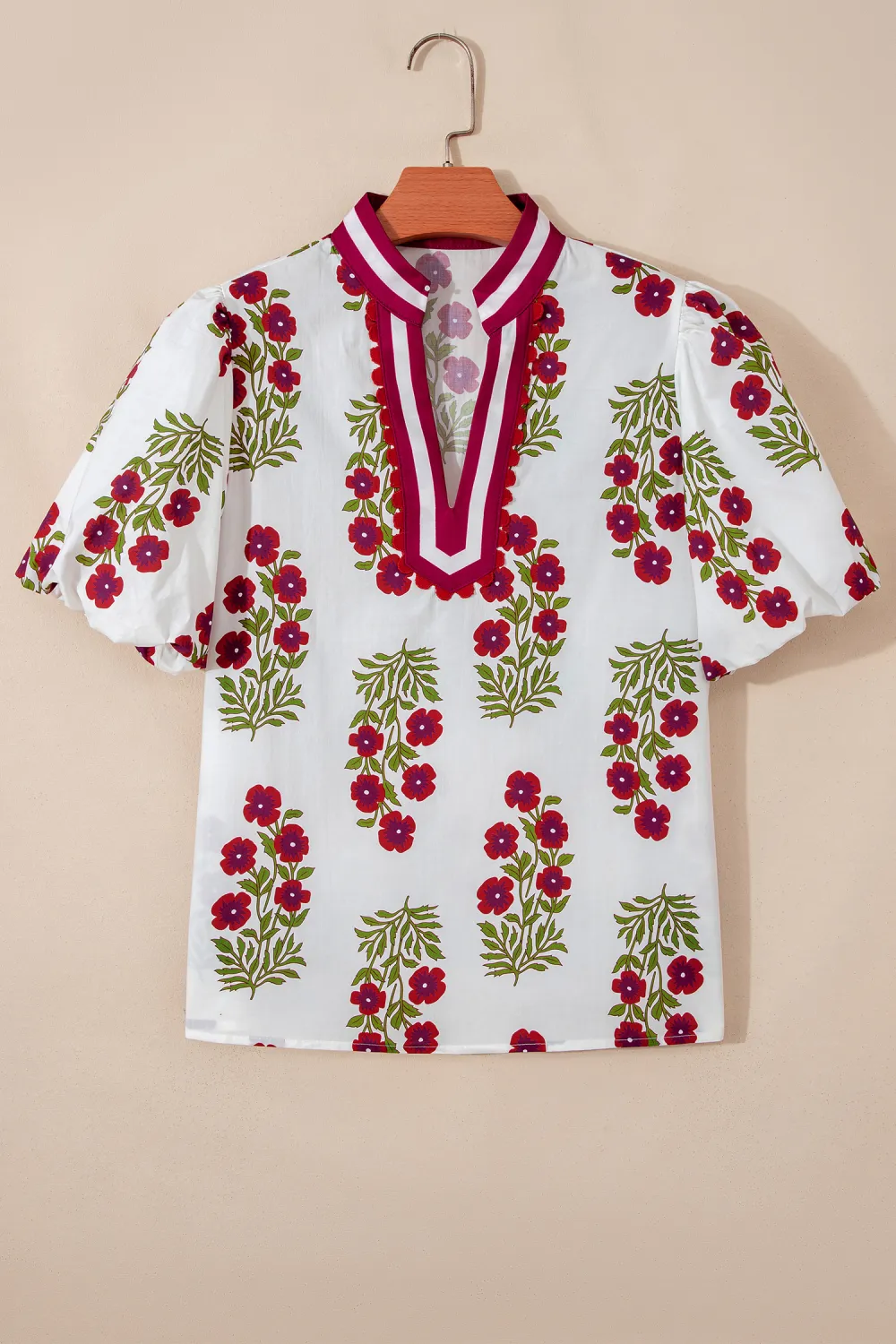 White Floral Short Bubble Sleeve Blouse