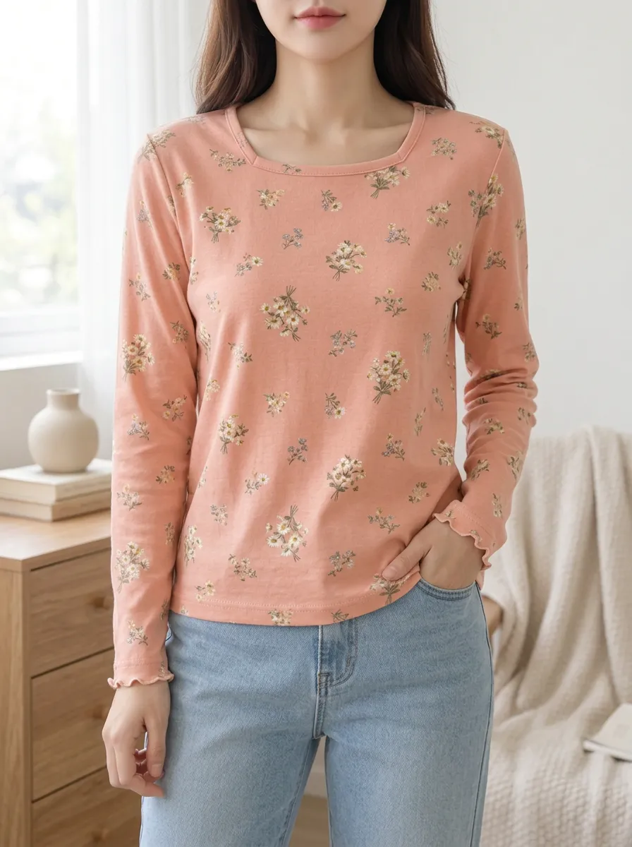 Women's Sweet Style Floral Bouquet Printed Long Sleeve T-shirt