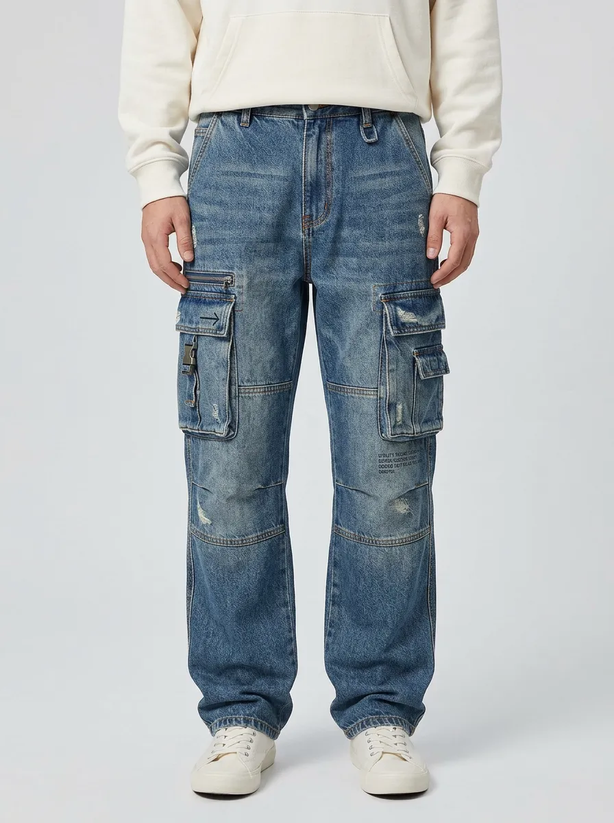Men's Blue Distressed Utility Cargo Cargo Pants