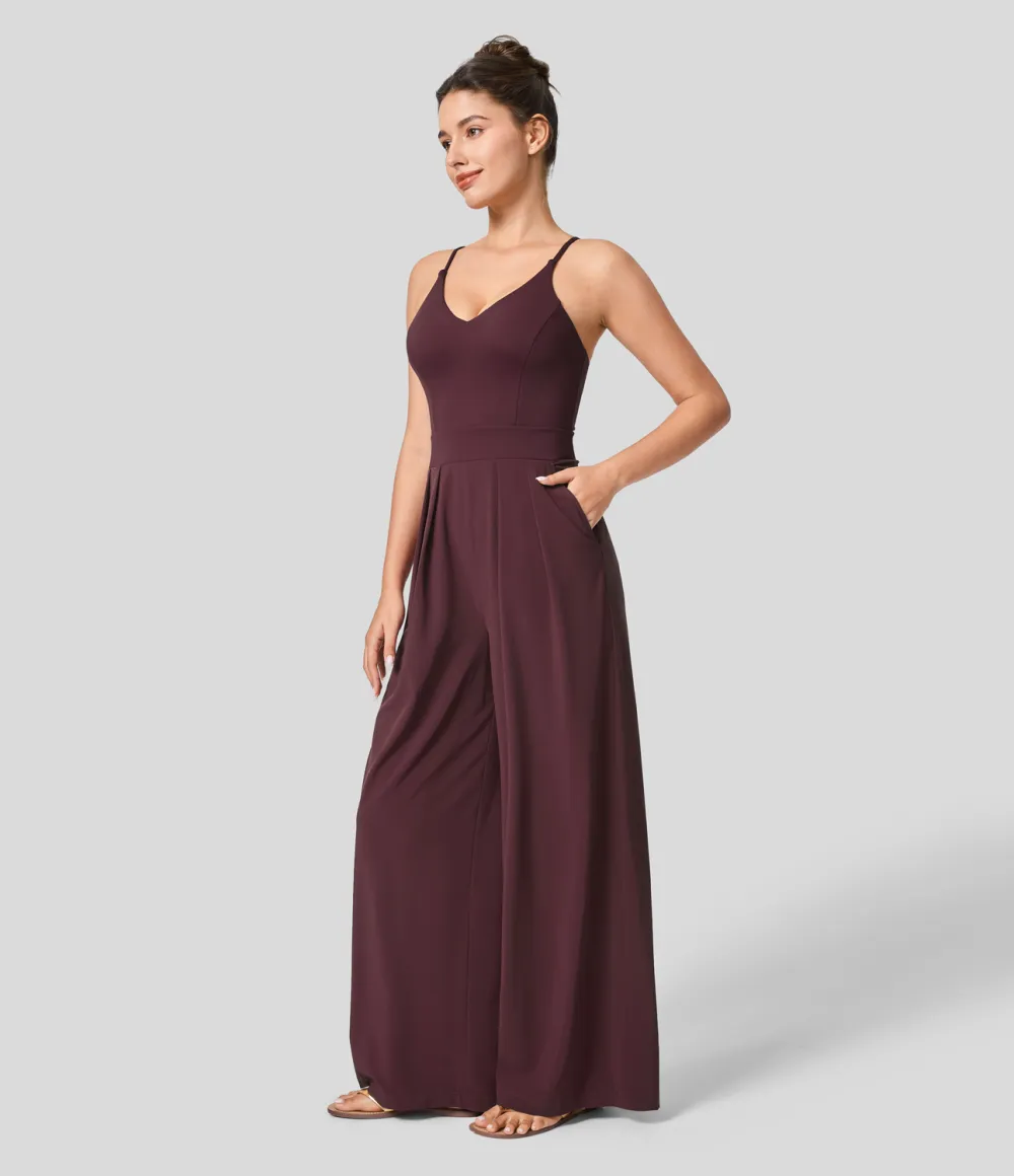 Breezeful Backless Side Invisible Zipper Pocket Wide Leg Quick Dry Resort Slip Jumpsuit