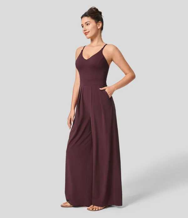 Breezeful Backless Side Invisible Zipper Pocket Wide Leg Quick Dry Resort Slip Jumpsuit