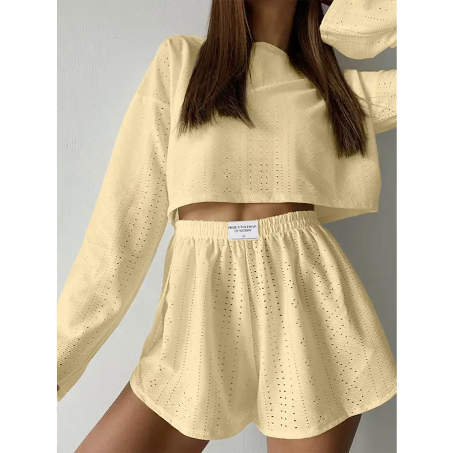 Relaxed Eyelet Round Neck Top and Shorts Set