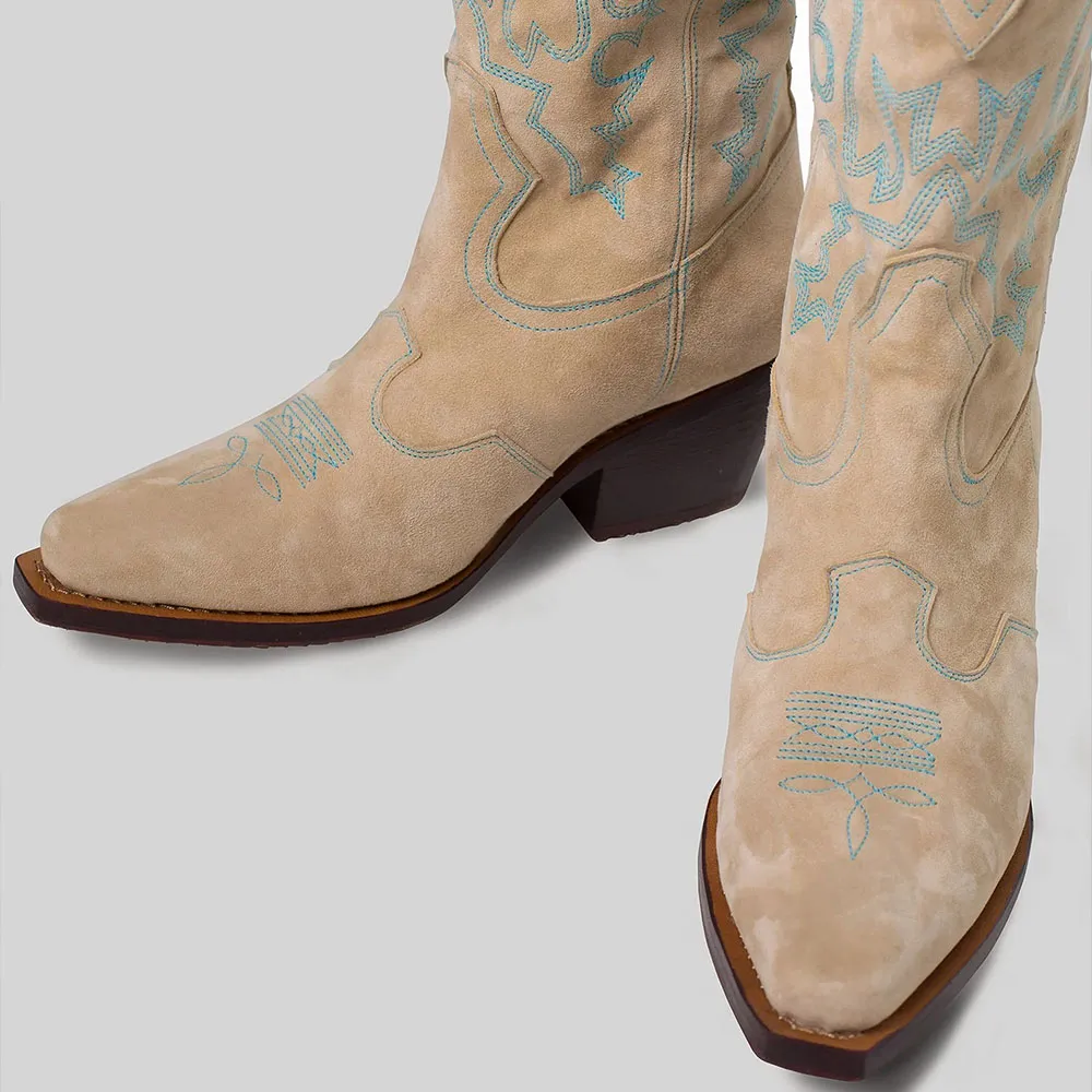 Faux-Suede Embroidered Block-Heel Platform Mid-Calf Boots