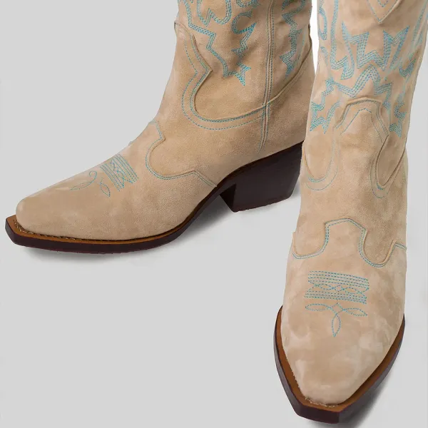 Faux-Suede Embroidered Block-Heel Platform Mid-Calf Boots