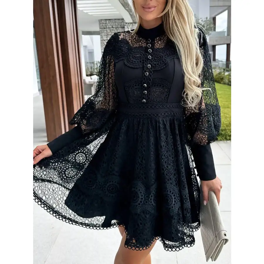 Soft Everyday Lace Lantern Sleeve Mini Dress