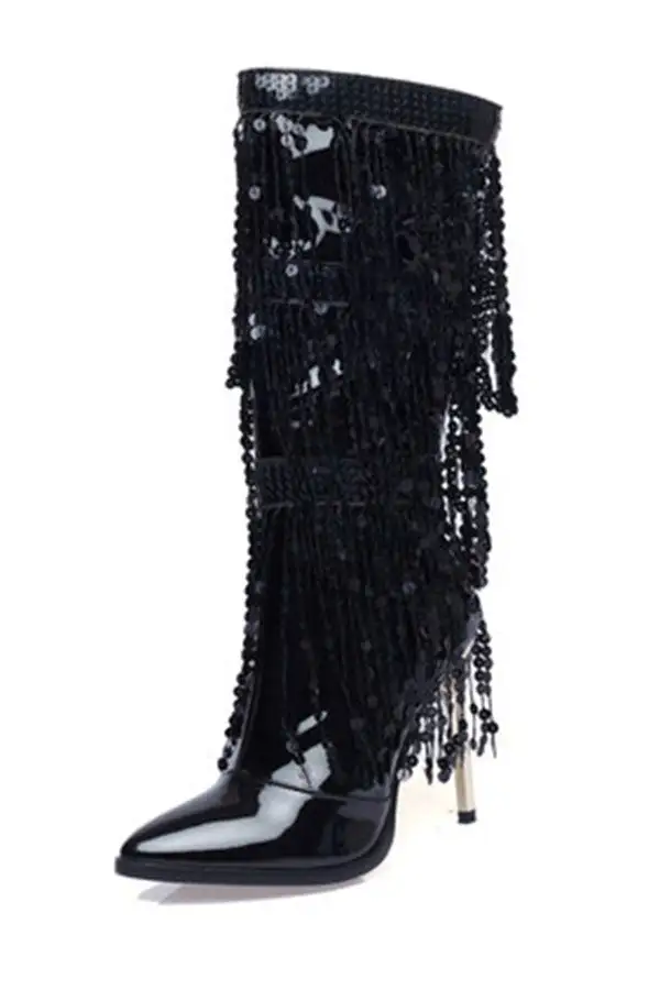 Tiered Sequined Tassel Patent Leather Boots