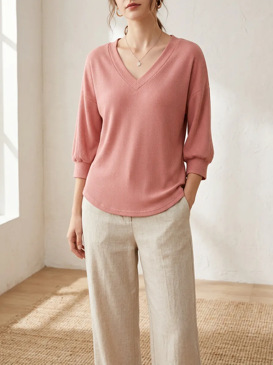 Three-Quarter-Sleeve Ribbed Women's V-Neck Shirt