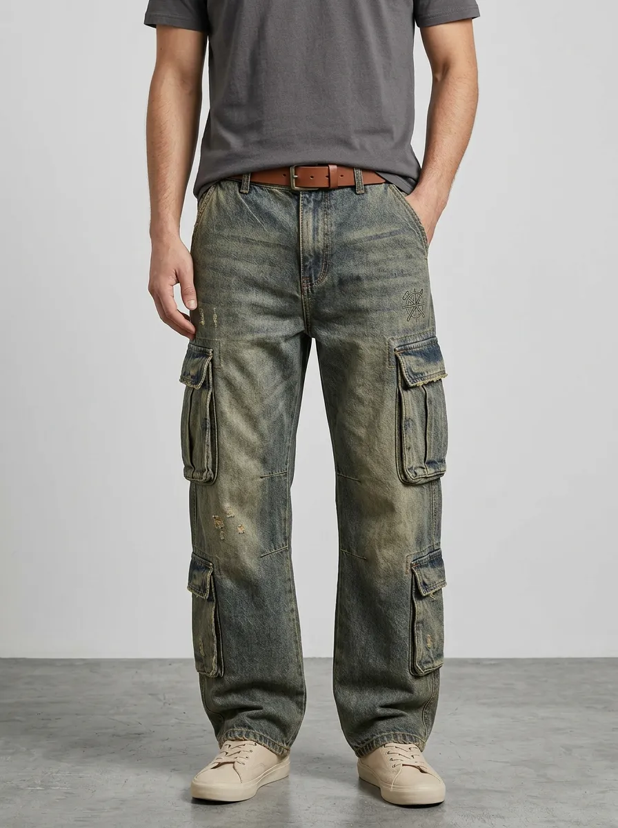 Men's Vintage Distressed Compass Printed Cargo Jeans