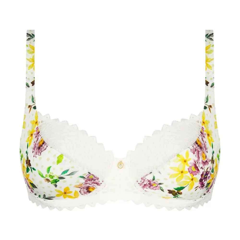 Women's Balconette Full Coverage Underwire Two-Part Cup Adjustable Straps Scalloped Lace Mesh Floral Detail Bra
