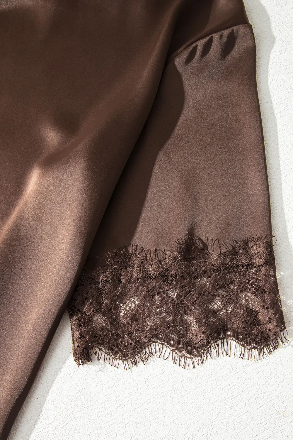 Coffee Asymmetric Lace Trim Short Sleeve Top