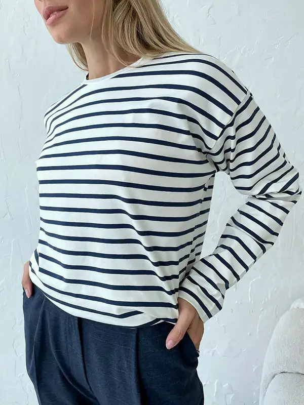 Long Sleeve Relaxed Stripe Round Neck T-Shirt