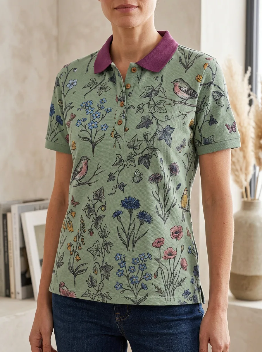 Women's Classic Nature Lover Bird and Wildflower Polo Shirt