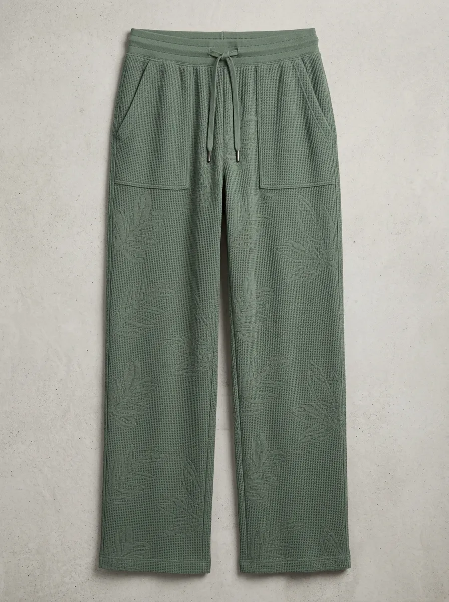 Women's Casual Sage Green Leaf Printed Waffle Knit Pants
