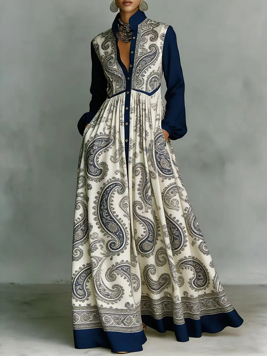 Pleated Printed Buttoned Maxi Dress