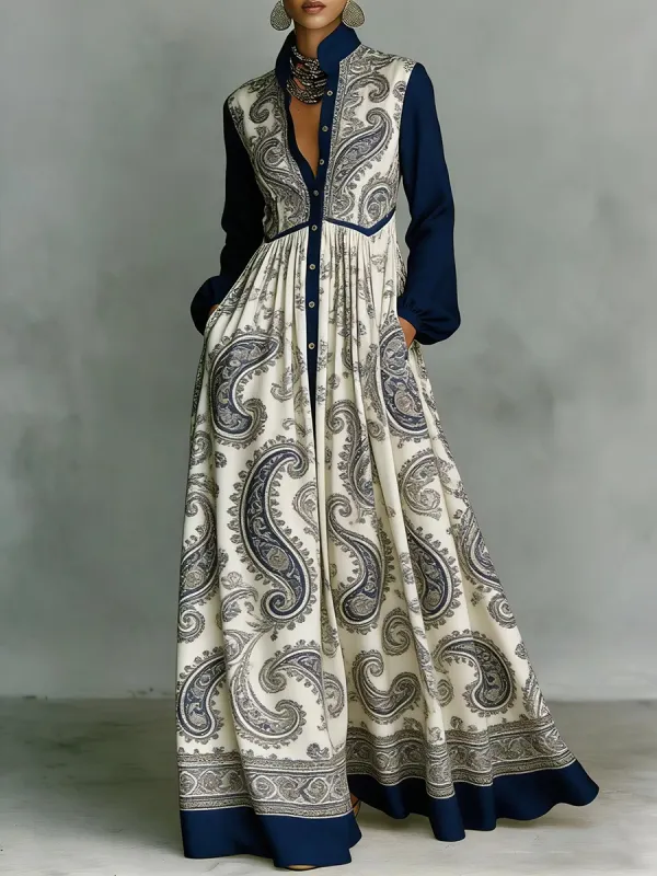 Pleated Printed Buttoned Maxi Dress