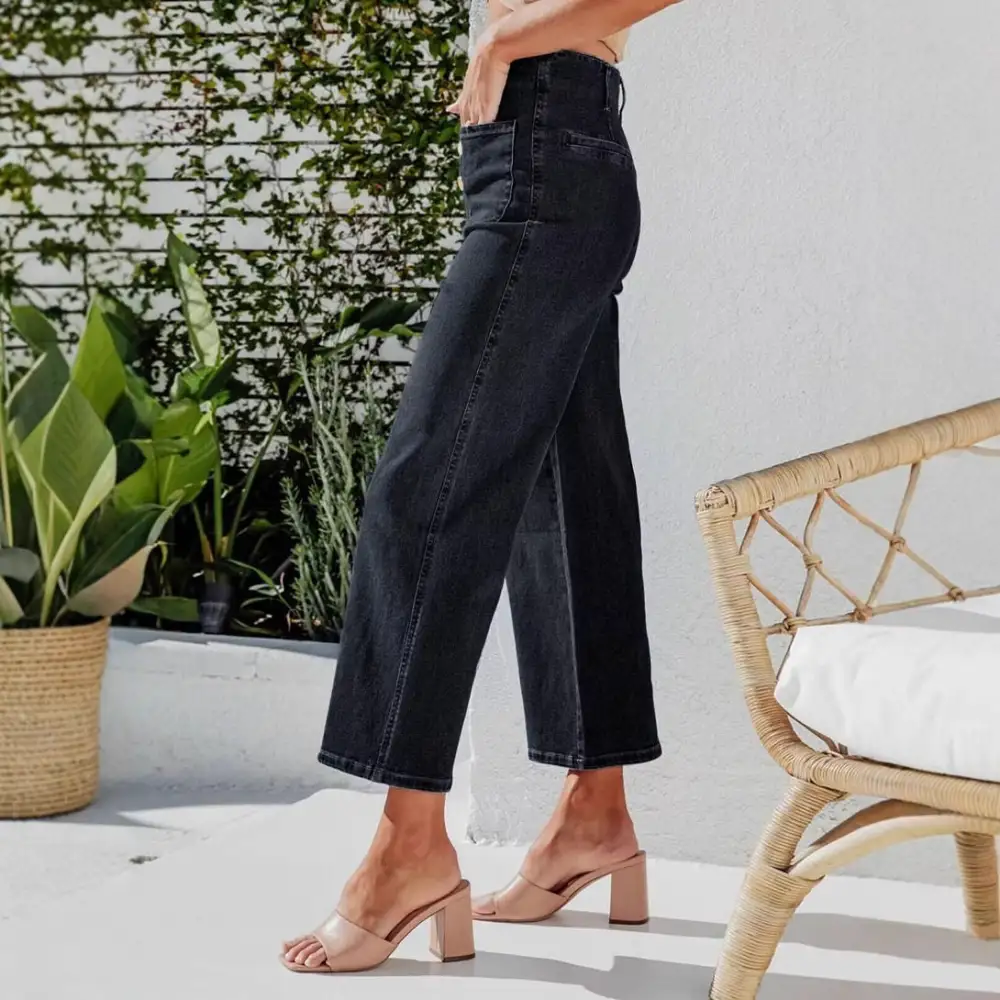 Women's High Waist Straight Leg Button Detail Jeans