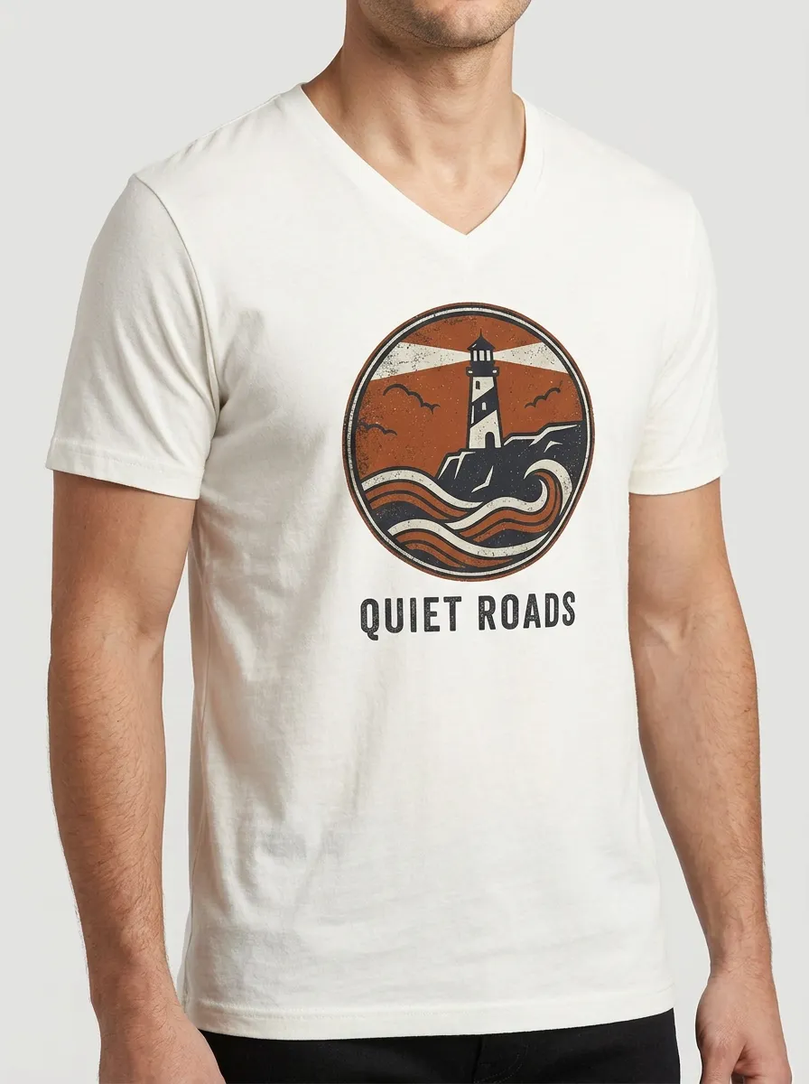 Men's Quiet Roads Lighthouse Ocean Printed V-Neck T-Shirt