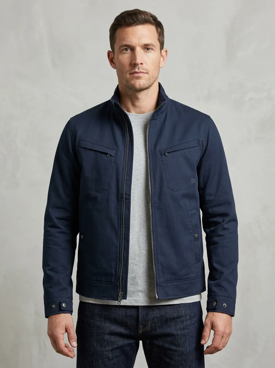 Men's Casual Minimalist Navy Blue Zip-Up Utility Jacket