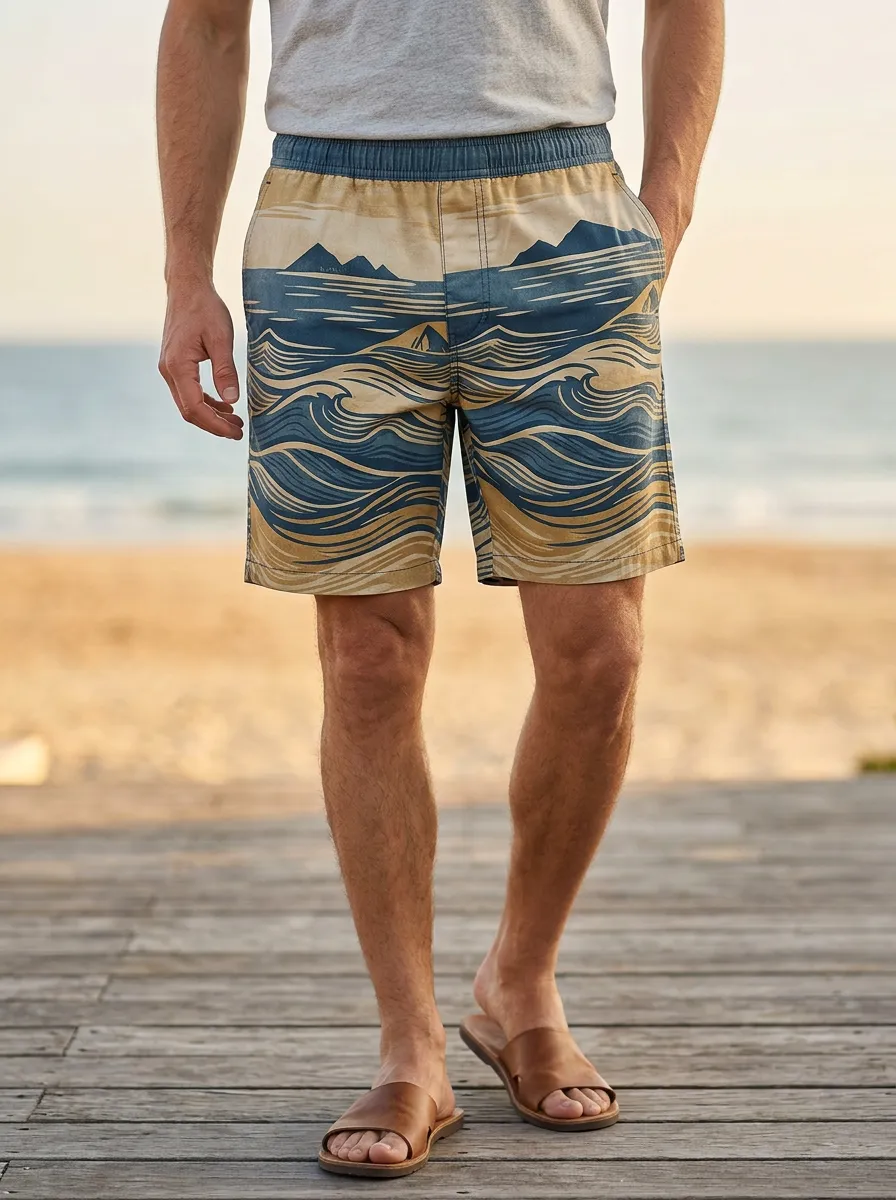 Men's Beach Mountain Ocean Wave Elastic Waist Shorts