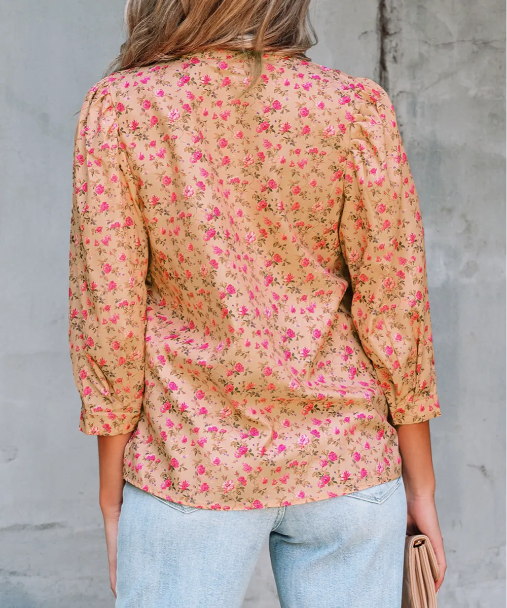 Floral Bow Detail Puff Sleeve Blouse