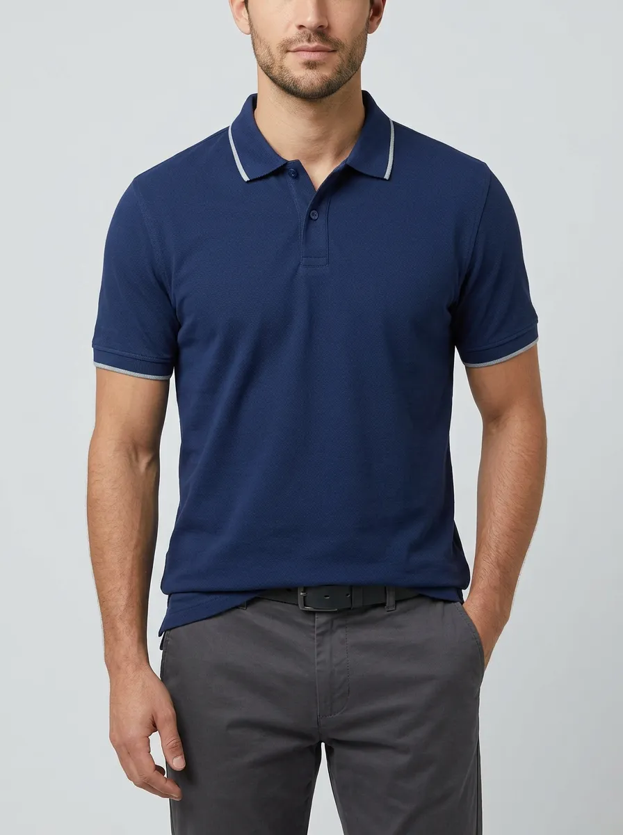 Men's Navy Blue Contrast Trim Solid Color Polo Shirt