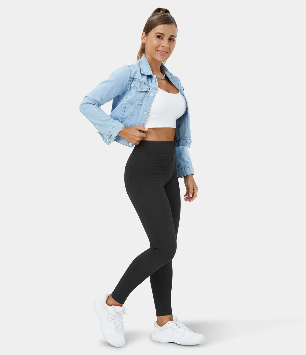 Magic High Waisted Back Side Pocket Stretchy Knit Denim Thermal Casual Leggings