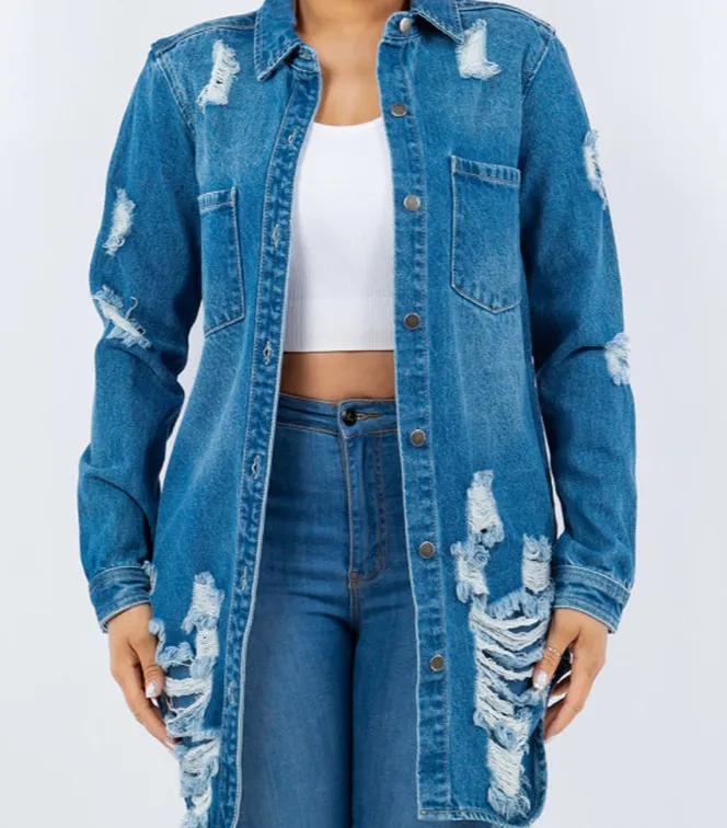 Distressed Button-Up Long-Sleeve Denim Jacket