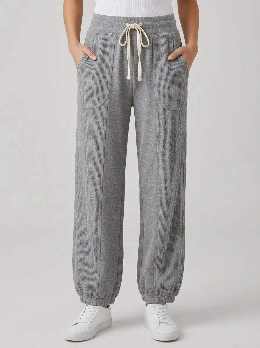 Women's Casual Waffle Knit Drawstring Cuffed Jogger Pants