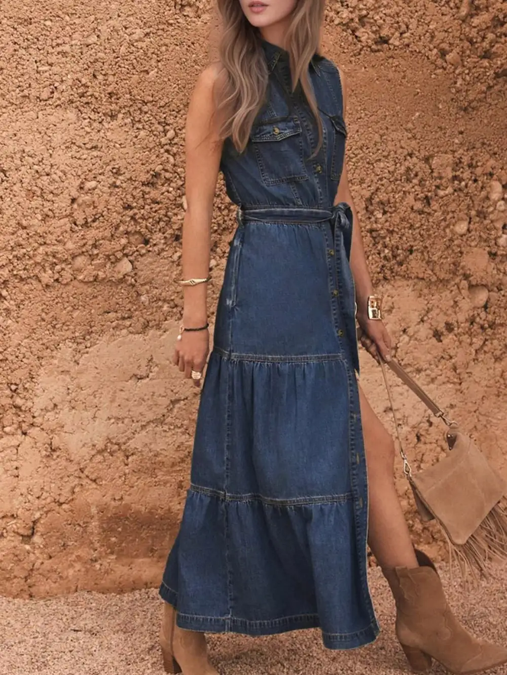 Layered Detail Denim Button Front Sleeveless Dress