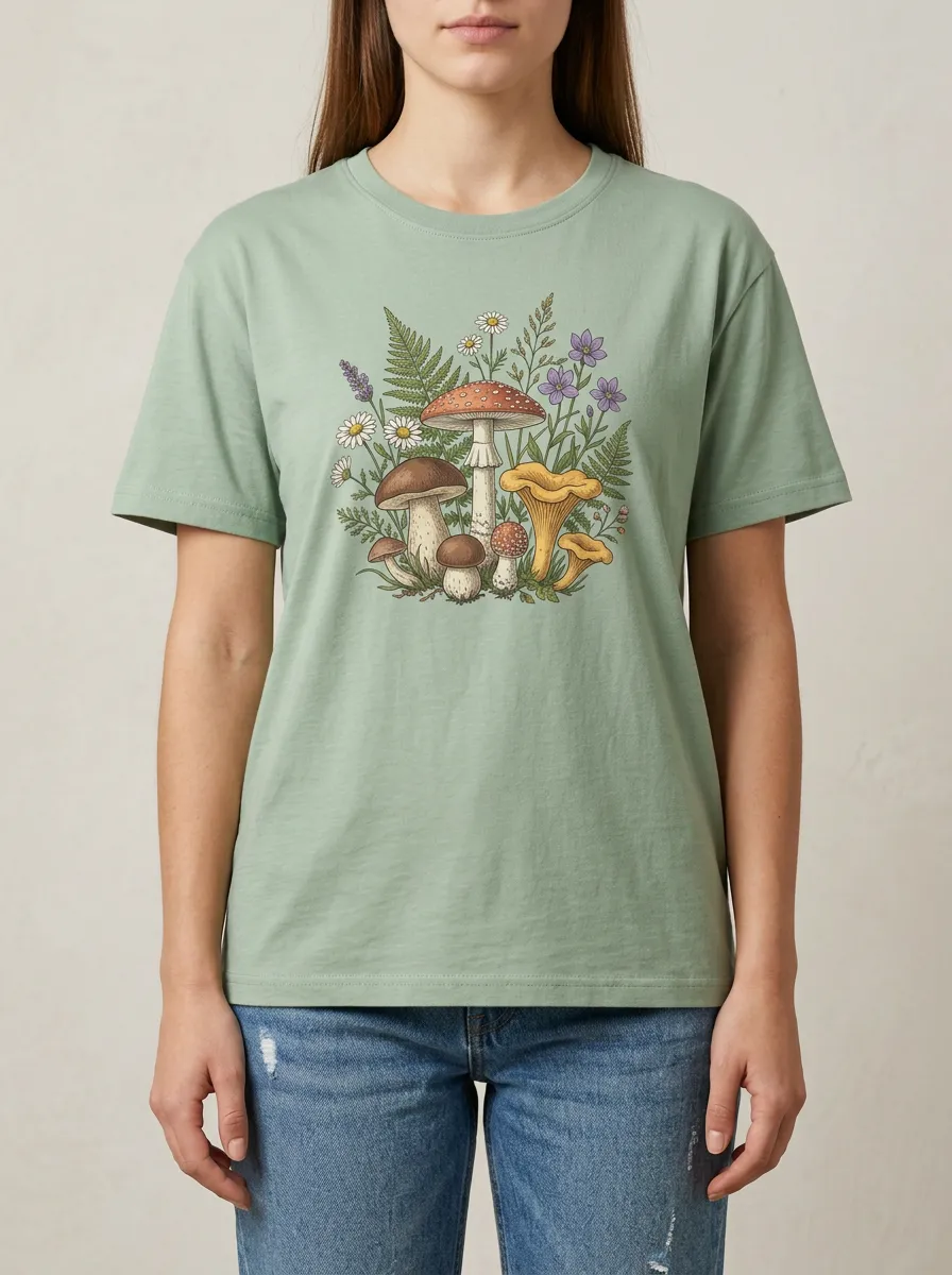 Women's Nature Lover Mushroom Wildflower Printed T-shirt