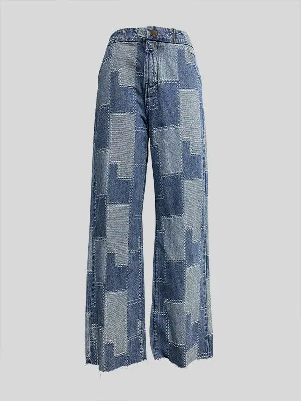Plaid Relaxed Fit Wide Leg Seamed Button Detail Pocket Jeans