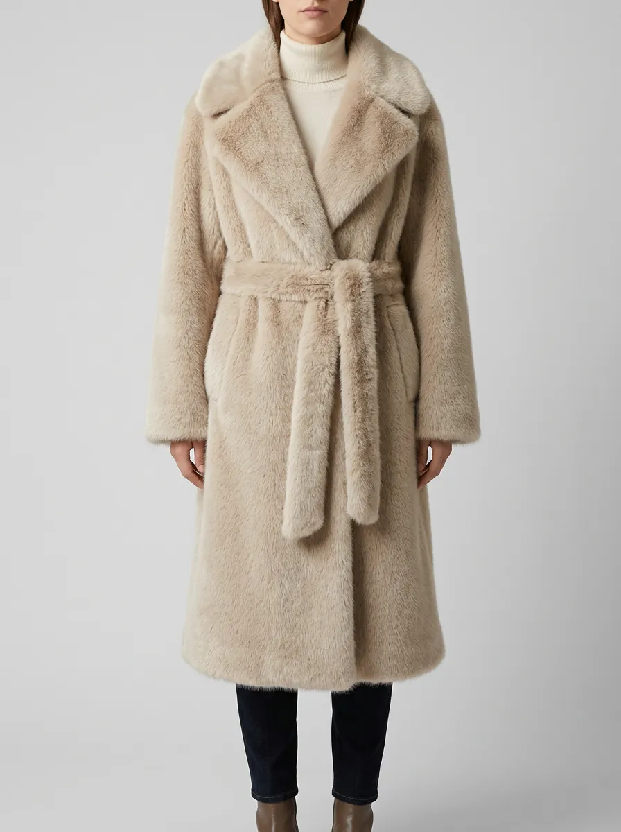 Neutral Faux Fur Belted Coat