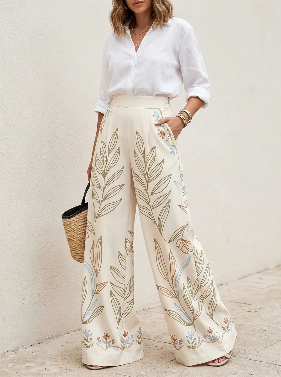 Women's Botanical Leaf Floral Patterned High-Waisted Wide-Leg Pants