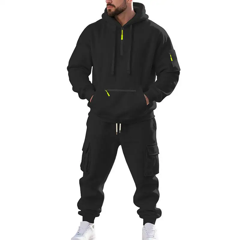 Men's Urban Cargo Tracksuit with Hooded Hoodie and Zipper Pockets Cargo Pants