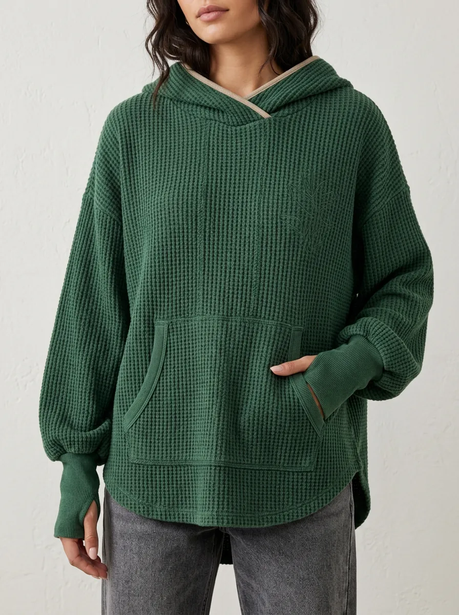 Women's Green Waffle Knit Leaf Embroidered Hooded Top